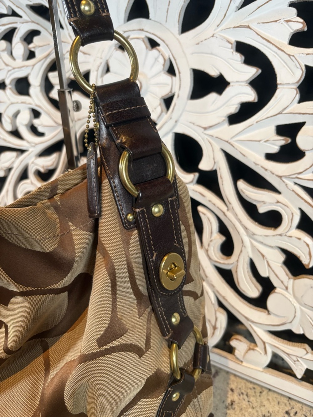 Coach Large Carly Signature Canvas Shoulder Bag in Brown and Tan #10620 - Picture 3 of 13